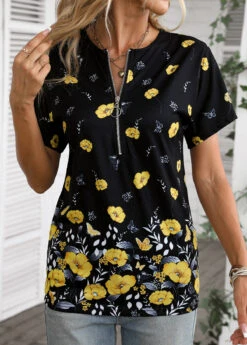 Floral Print Zipper Yellow Round Neck T Shirt -Rosewe Promotion Store 336573 P 16881215826475