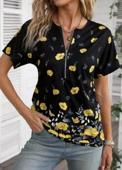 Floral Print Zipper Yellow Round Neck T Shirt -Rosewe Promotion Store 336573 P 16881215827334