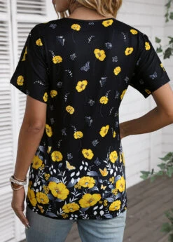 Floral Print Zipper Yellow Round Neck T Shirt -Rosewe Promotion Store 336573 P 16881215828341