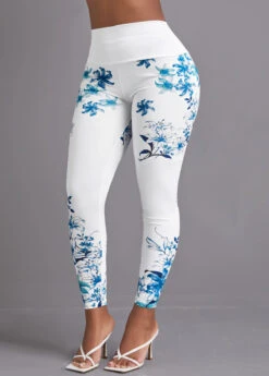 Ink Painting Print Elastic Waist White Leggings
