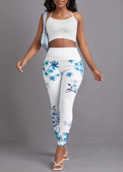 Ink Painting Print Elastic Waist White Leggings -Rosewe Promotion Store 336659 P 16967559976923