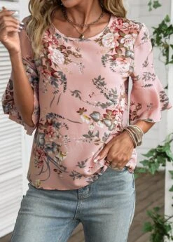 Floral Print Button Dusty Pink Round Neck Blouse -Rosewe Promotion Store 336666 P 16880334684772