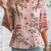 Floral Print Button Dusty Pink Round Neck Blouse 1 Floral Print Button Dusty Pink Round Neck Blouse -Rosewe Promotion Store 336666 P 16880334685020