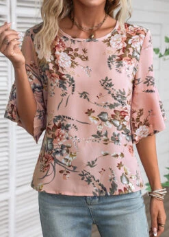 Floral Print Button Dusty Pink Round Neck Blouse