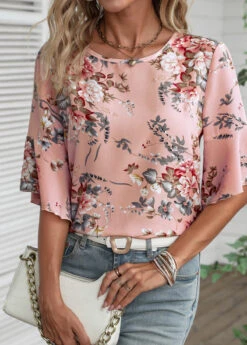 Floral Print Button Dusty Pink Round Neck Blouse -Rosewe Promotion Store 336666 P 16880334686524