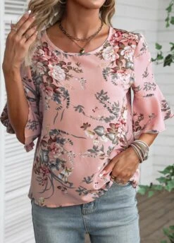 Floral Print Button Dusty Pink Round Neck Blouse -Rosewe Promotion Store 336666 P 16880334689123