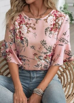 Floral Print Button Dusty Pink Round Neck Blouse -Rosewe Promotion Store 336666 P 16880334689465