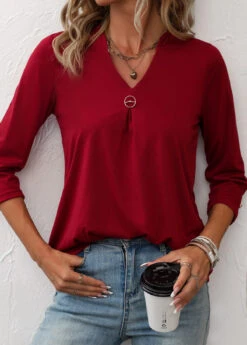 Circular Ring Split Neck Wine Red T Shirt -Rosewe Promotion Store 336671 P 16879496521614