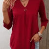 Circular Ring Split Neck Wine Red T Shirt