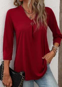 Circular Ring Split Neck Wine Red T Shirt -Rosewe Promotion Store 336671 P 16879496523325