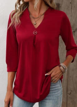 Circular Ring Split Neck Wine Red T Shirt -Rosewe Promotion Store 336671 P 16879496526622