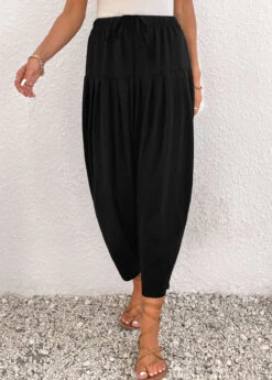 Ruched Jogger Elastic Waist High Waisted Black Pants