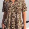 Leopard Button Dark Camel Shirt Collar Blouse