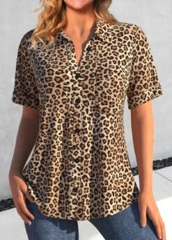 Leopard Button Dark Camel Shirt Collar Blouse