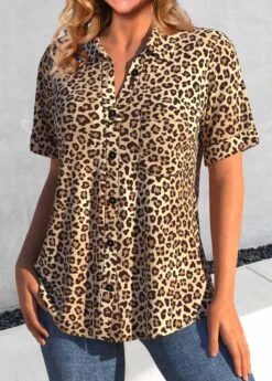 Leopard Button Dark Camel Shirt Collar Blouse -Rosewe Promotion Store 336838 P 1688459195229