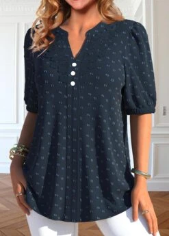 Navy Split Neck Short Sleeve Button Blouse -Rosewe Promotion Store 336935 P 1688538143109 1