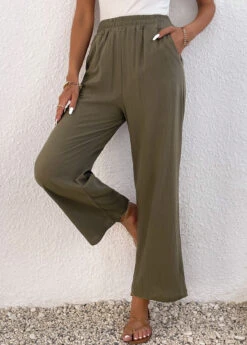 Pocket Elastic Waist High Waisted Olive Green Pants -Rosewe Promotion Store 337052 P 16896776440632