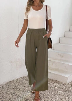 Pocket Elastic Waist High Waisted Olive Green Pants -Rosewe Promotion Store 337052 P 16896776448643