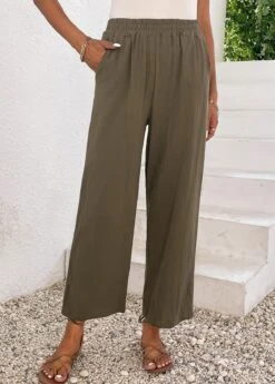 Pocket Elastic Waist High Waisted Olive Green Pants