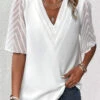 Patchwork V Neck Half Sleeve White Blouse 1 Patchwork V Neck Half Sleeve White Blouse -Rosewe Promotion Store 337066 P 1687768047027