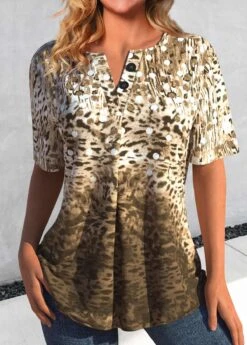 Leopard Button Light Camel Split Neck Blouse