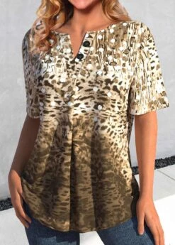 Leopard Button Light Camel Split Neck Blouse -Rosewe Promotion Store 337102 P 1687777341601