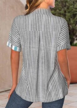 Plus Size Light Grey Button Striped Blouse -Rosewe Promotion Store 337103 P 1689330736376