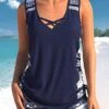 Mid Waisted Geometric Print Drawstring Navy Tankini Set -Rosewe Promotion Store 337115 P 1687773656680
