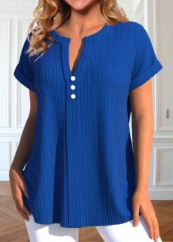 Royal Blue Split Neck Short Sleeve Button Blouse -Rosewe Promotion Store 337226 P 1687935944048