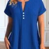 Royal Blue Split Neck Short Sleeve Button Blouse 1 Royal Blue Split Neck Short Sleeve Button Blouse -Rosewe Promotion Store 337226 P 1687935944234
