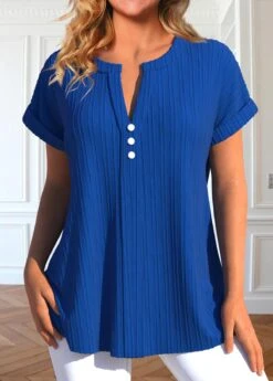 Royal Blue Split Neck Short Sleeve Button Blouse