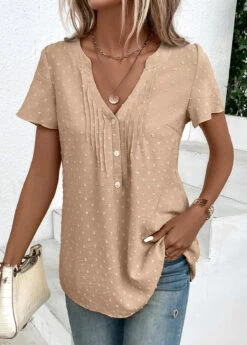 Button Split Neck Short Sleeve Light Camel Blouse -Rosewe Promotion Store 337320 P 16881094314484