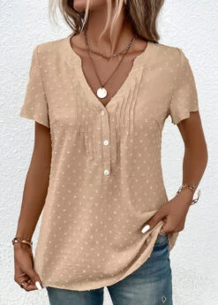 Button Split Neck Short Sleeve Light Camel Blouse -Rosewe Promotion Store 337320 P 16881094316172