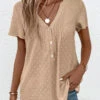Button Split Neck Short Sleeve Light Camel Blouse -Rosewe Promotion Store 337320 P 16881094317510