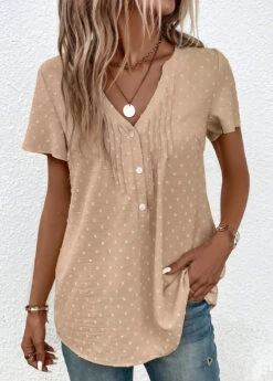 Button Split Neck Short Sleeve Light Camel Blouse
