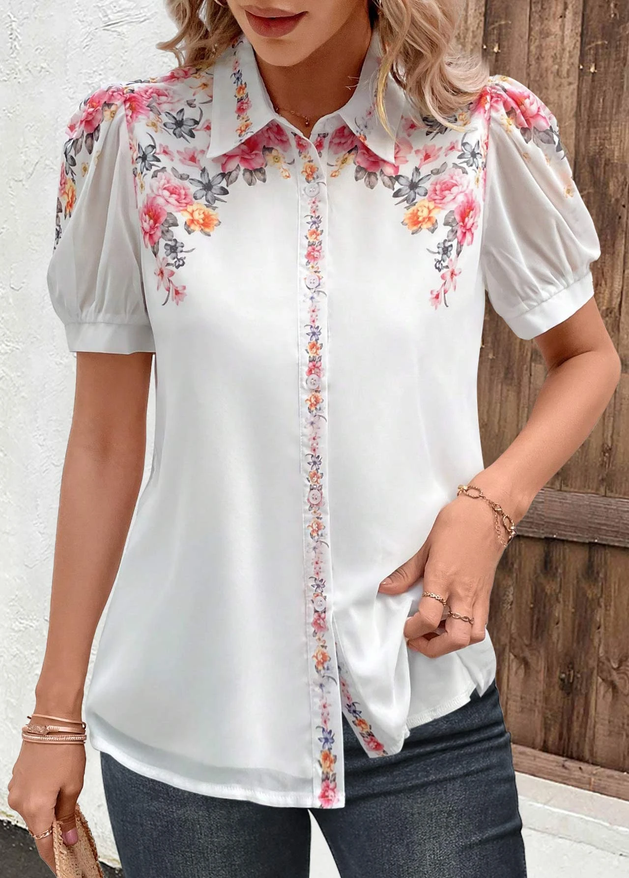 Floral Print Button White Shirt Collar Blouse 3 Floral Print Button White Shirt Collar Blouse