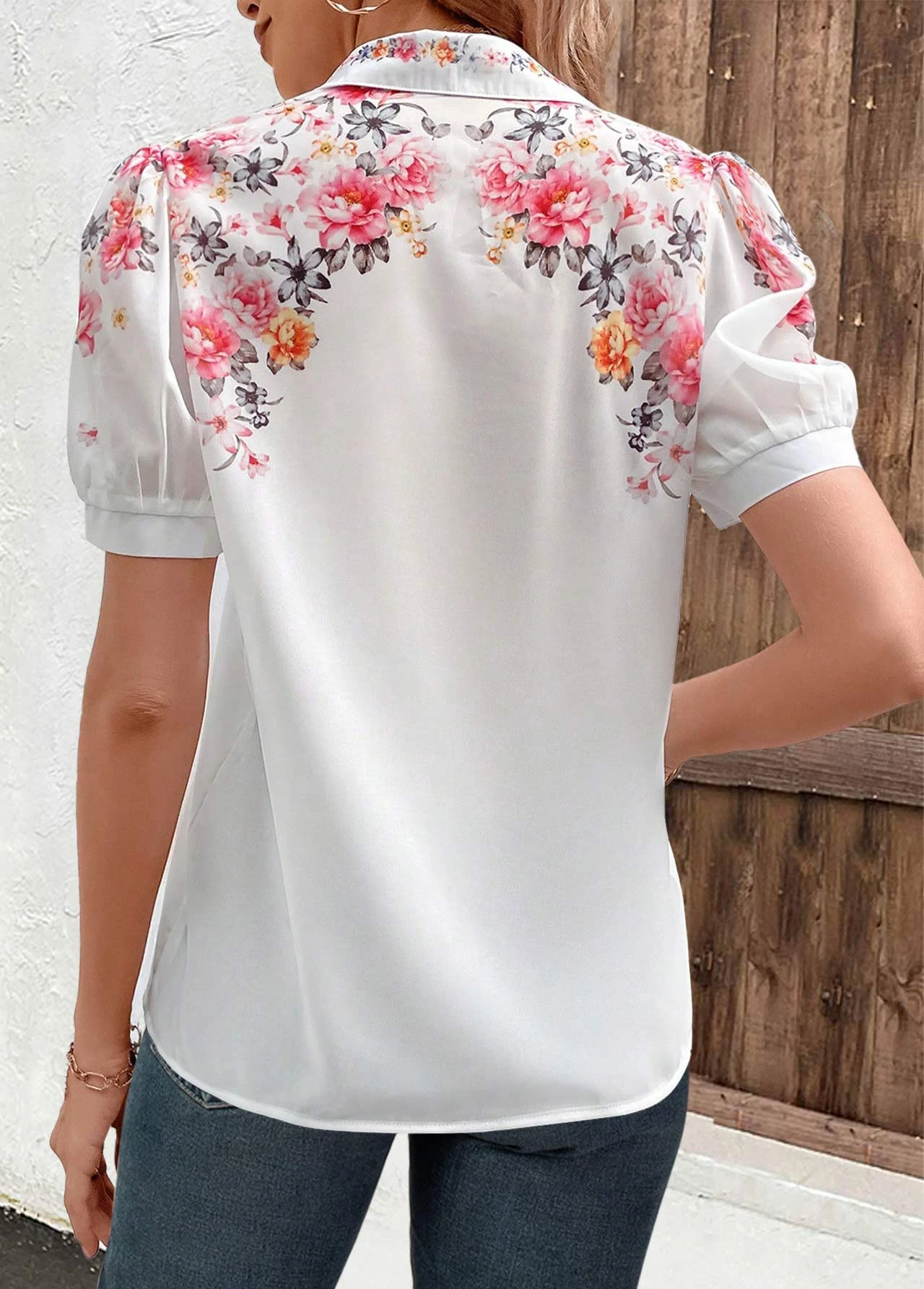 Floral Print Button White Shirt Collar Blouse 4 Floral Print Button White Shirt Collar Blouse - Image 2