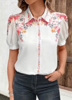 Floral Print Button White Shirt Collar Blouse 7 Floral Print Button White Shirt Collar Blouse -Rosewe Promotion Store 337345 P 1688040809957