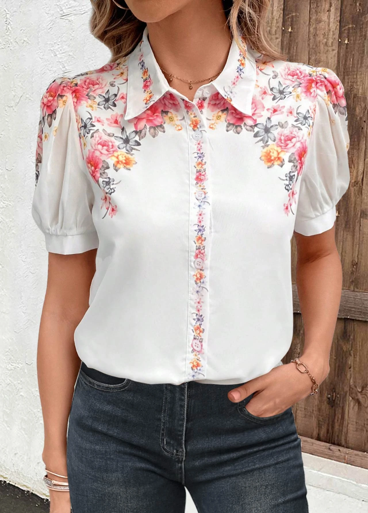 Floral Print Button White Shirt Collar Blouse 5 Floral Print Button White Shirt Collar Blouse - Image 3