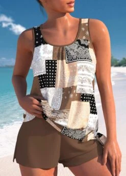 Tribal Print Bowknot Dark Coffee Tankini Set