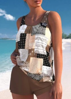Tribal Print Bowknot Dark Coffee Tankini Set -Rosewe Promotion Store 337385 P 1689216950128