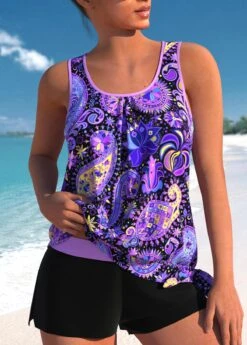 Mid Waisted Paisley Print Bowknot Purple Tankini Set