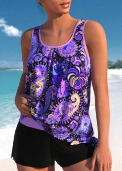 Mid Waisted Paisley Print Bowknot Purple Tankini Set -Rosewe Promotion Store 337545 P 1688348795212