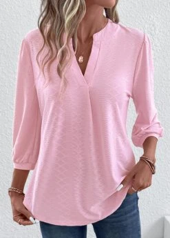 Pink Ruched Split Neck T Shirt -Rosewe Promotion Store 337553 P 16898486831505