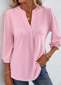 Pink Ruched Split Neck T Shirt -Rosewe Promotion Store 337553 P 16898486836984