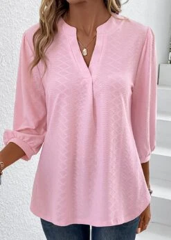 Pink Ruched Split Neck T Shirt -Rosewe Promotion Store 337553 P 16898486838802