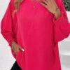Hot Pink Round Neck Long Sleeve Smocked Blouse -Rosewe Promotion Store 337565 P 16897601822270