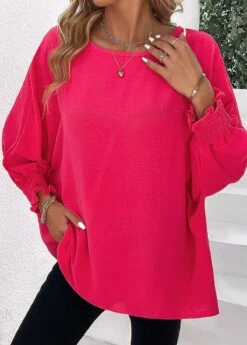 Hot Pink Round Neck Long Sleeve Smocked Blouse