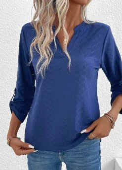 Long Sleeve Split Navy T Shirt -Rosewe Promotion Store 337574 P 16897662461374