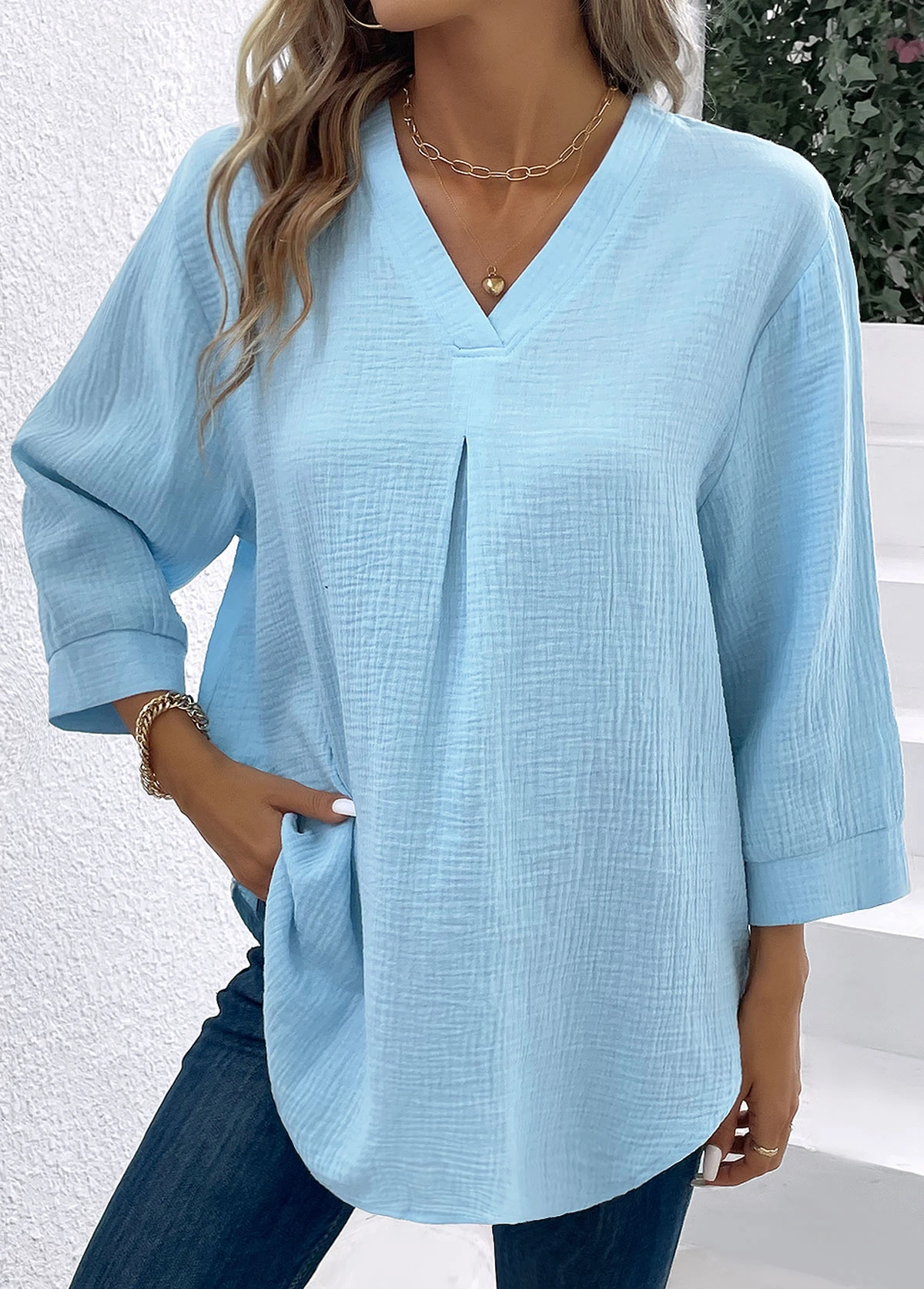 Light Blue V Neck Button Blouse 6 Light Blue V Neck Button Blouse - Image 4